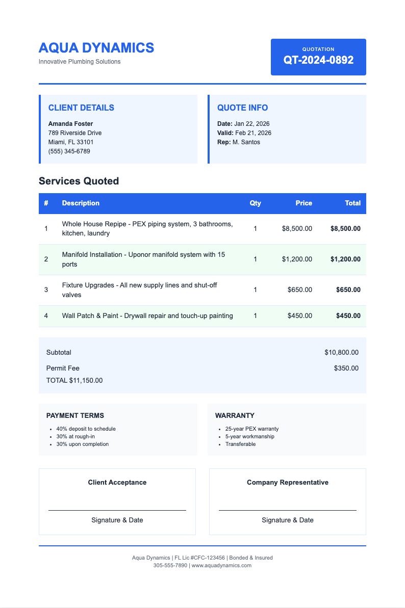 Modern two column plumbing quotation